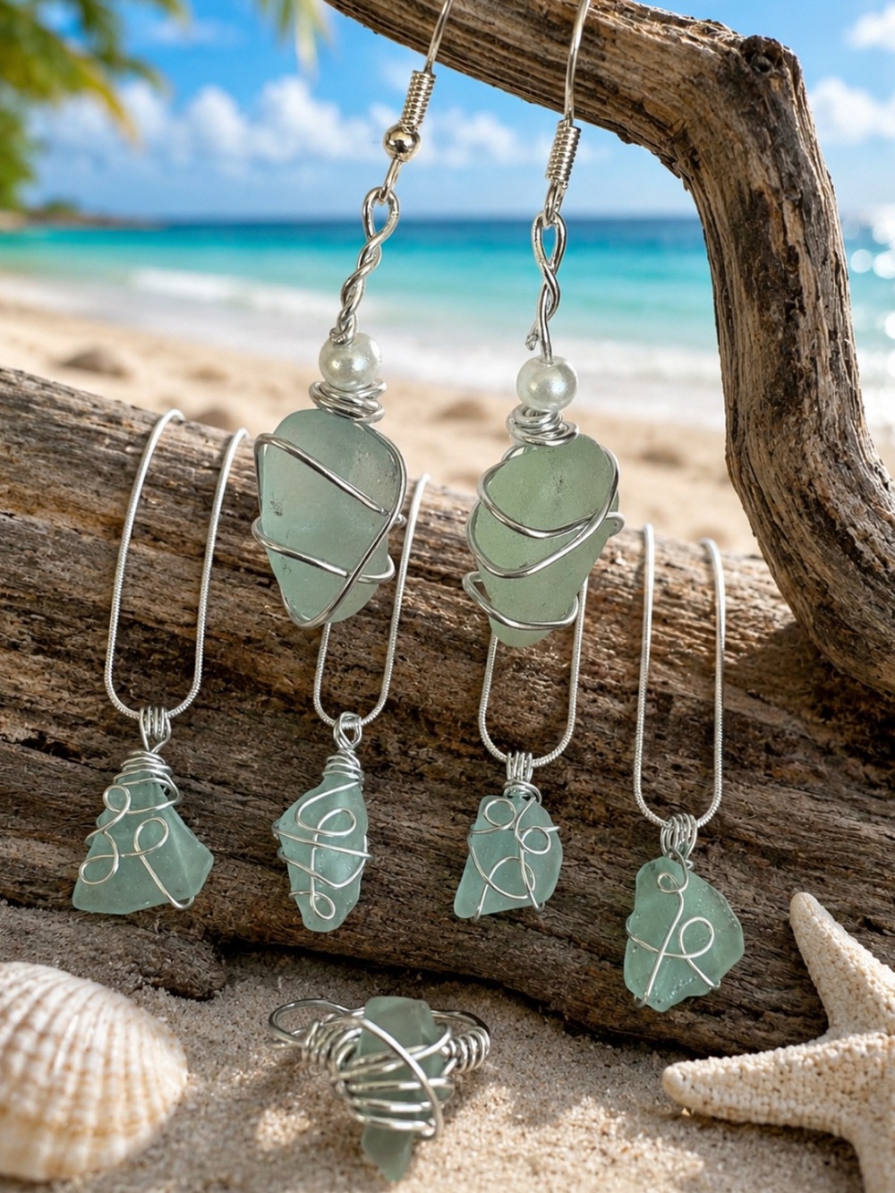 Handmade Sea Glass Wire-Wrap Necklace and Earring Set - Pale Aqua